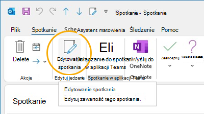 Przycisk Edytuj spotkanie Dostosowywanie wstążki w programie Outlook
