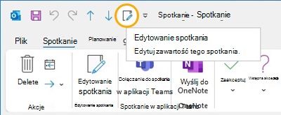 Przycisk Edytuj spotkanie Pasek narzędzi Szybki dostęp w programie Outlook