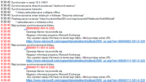 Lista błędów w dzienniku programu Outlook