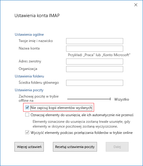 Ustawienia konta IMAP, Nie zapisuj kopii elementów wysłanych