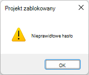Zrzut ekranu przedstawiający błąd nieprawidłowego hasła