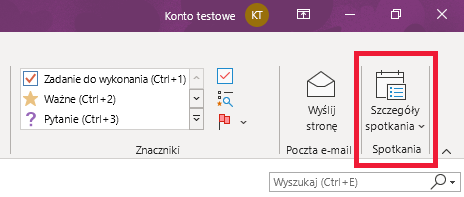 Szczegóły spotkania programu OneNote na wstążce