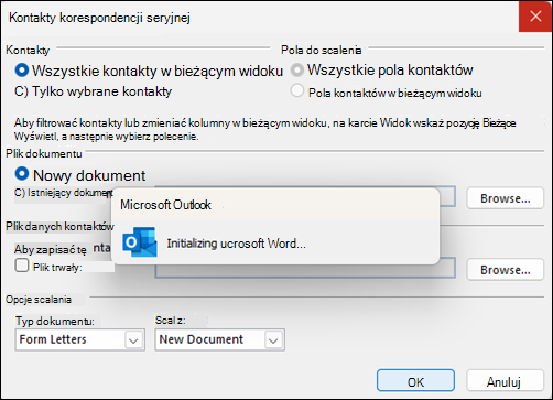 Korespondencja seryjna programu Outlook zawiesza się na oknie inicjowania