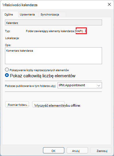 Obraz przedstawiający okno właściwości spotkania programu Outlook z protokołem m a p i zakreślonym na czerwono.