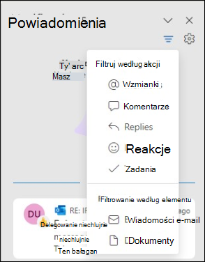 Opcje filtru powiadomień programu Outlook