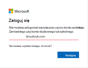 Zrzut ekranu przedstawiający błąd logowania do programu Outlook