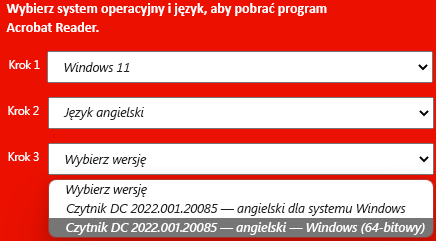 Okno z listą rozwijaną wersji instalacji Adobe.