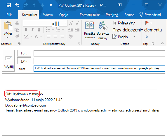 W treści wiadomości e-mail brakuje adresu e-mail nadawcy oryginalnej wiadomości