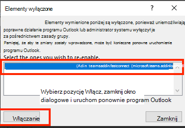 Zrzut ekranu przedstawiający okno dialogowe włączania wyłączonych elementów.