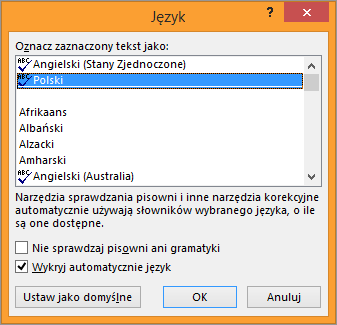 Okno dialogowe Język