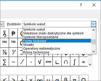 Wybierz pozycję Formy liczbowe w oknie dialogowym Podzestaw, aby wyświetlić ułamki i inne symbole matematyczne.