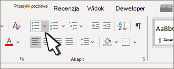 Strzałka w dół z punktorami wyróżniona w grupie Akapit.
