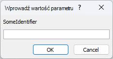 Przedstawia przykład nieoczekiwanego okna dialogowego Wprowadzanie wartości parametru w programie Access z identyfikatorem o nazwie SomeIdentifier, polem, w którym należy wprowadzić wartość, oraz przyciskami OK i Anuluj.