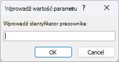 Przedstawia przykład oczekiwanego okna dialogowego Wprowadzanie wartości parametru w programie Access z identyfikatorem o etykiecie Wprowadź identyfikator pracownika, polem, w którym należy wprowadzić wartość, oraz przyciskami OK i Anuluj.