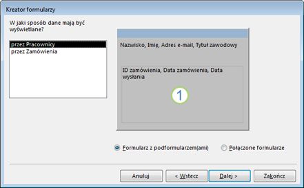 Zrzut ekranu przedstawiający stronę podformularza w Kreatorze formularzy