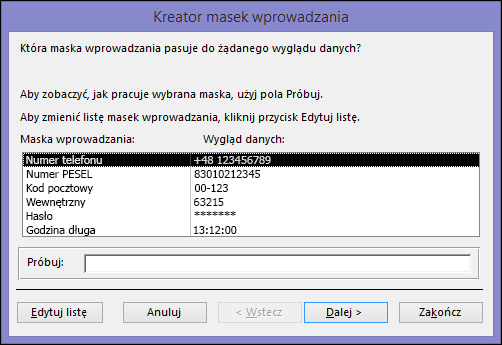Kreator masek wprowadzania w bazie danych programu Access dla komputerów stacjonarnych