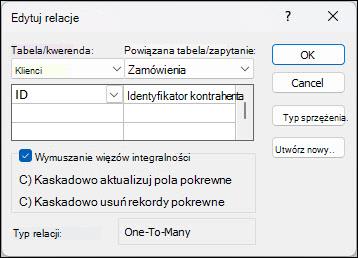 Okno dialogowe Edytowanie relacji w programie Access z polami sprzężonymi Klienci i Zamówienia