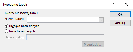 Okno dialogowe Tworzenie tabeli w programie Access umożliwia wybranie opcji dla zapytania tworzącego tabele.