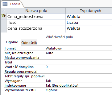 Pola w widoku projektu