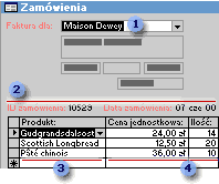 Formularz Zamówienia, w którym są jednocześnie wyświetlane powiązane informacje pochodzące z pięciu tabel