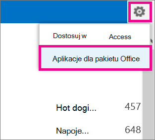 Polecenie Aplikacje dla pakietu Office w menu Ustawienia