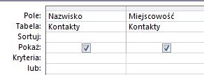Projektant kwerend z kryteriami ustawionymi w celu wyświetlania rekordów zawierających puste pole.