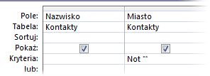 Kryteria projektanta kwerend ustawione w celu wyszukiwania niepustych wartości w polu Kraj.