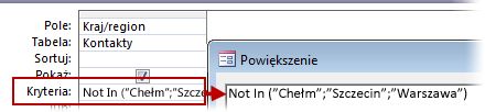 Aby wyświetlić wszystkie kontakty spoza Wielkiej Brytanii, USA lub Francji, użyj kryteriów Not In (Tekst, Tekst, Tekst...)