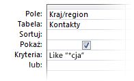 Obraz projektanta zapytań przedstawiający kryteria używające operatorów folloeing, takich jak symbol wieloznaczny w
