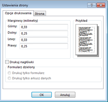 Okno dialogowe Ustawienia strony