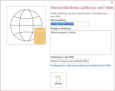 Okno dialogowe nowej niestandardowej aplikacji internetowej z witryną zespołu Contoso w polu Dostępne lokalizacje.