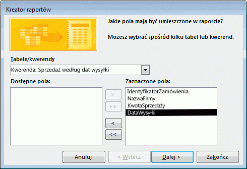 Wybór pól w Kreatorze raportów