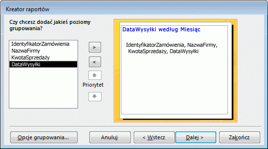 Dodawanie poziomów grupowania w Kreatorze raportów