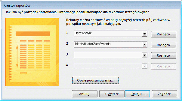 Porządek sortowania w Kreatorze raportów