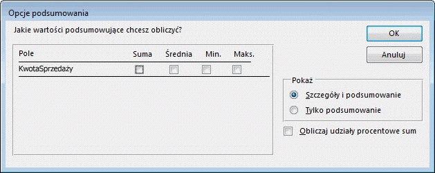 Opcje podsumowania w Kreatorze raportów