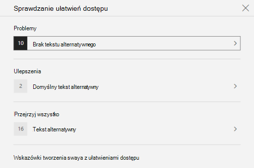 Okienko Sprawdzanie ułatwień dostępu z wyświetlonymi problemami z tekstem alternatywnym w aplikacji Sway.