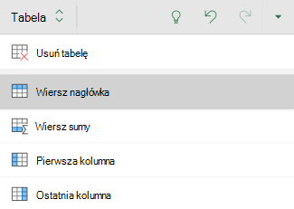 Opcja wiersza nagłówka wybrana dla tabeli w Excel dla systemu Android