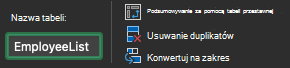 Pole Nazwa tabeli w Excel dla komputerów Mac