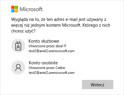 Ekran logowania z dwoma adresami e-mail
