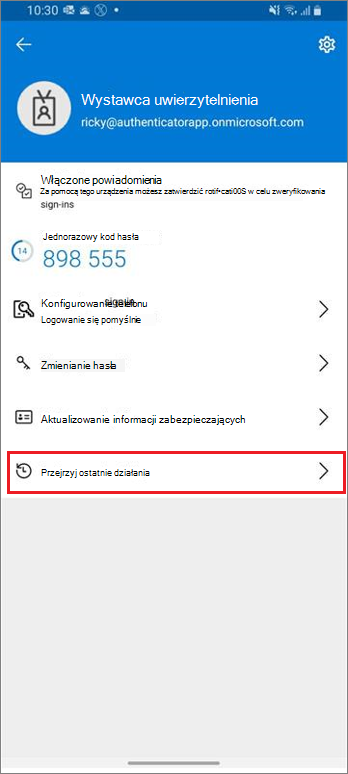 Strona główna konta służbowego z wyróżnionym linkiem ostatnich działań logowania
