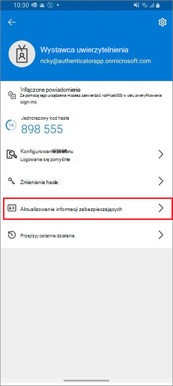 Strona główna konta służbowego z wyróżnionym linkiem Aktualizuj informacje zabezpieczające