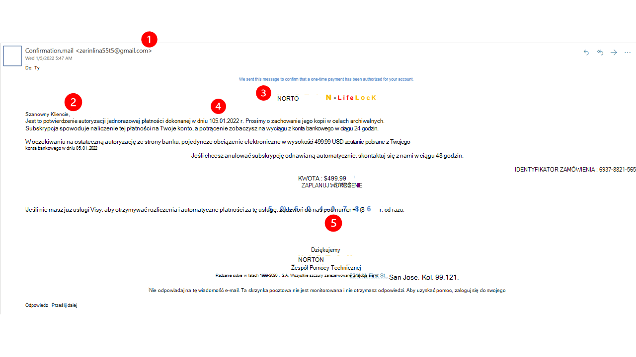 Przykład oszukańczej wiadomości e-mail udającej nadawcę od firmy Norton.