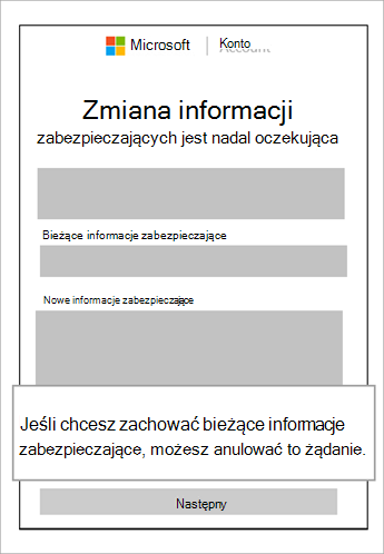 Zrzut ekranu przedstawiający okno oczekujące na zmianę informacji zabezpieczających