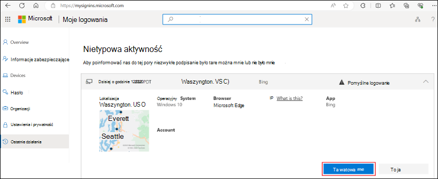 Zrzut ekranu przedstawiający stronę Nietypowa aktywność.