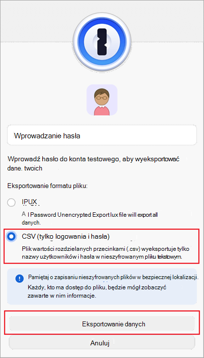Okno dialogowe eksportowania pliku 1Password.