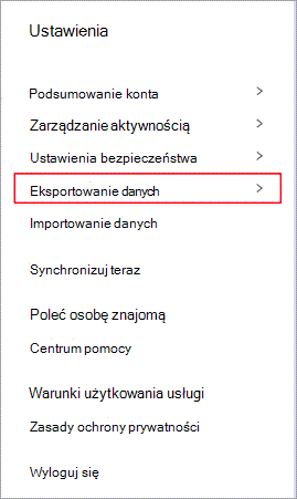 Menu ustawień aplikacji Dashlane z wyróżnioną pozycją Eksportuj dane.