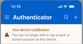 Zrzut ekranu przedstawiający konto służbowe zablokowane na urządzeniu z systemem iOS w aplikacji Microsoft Authenticator.