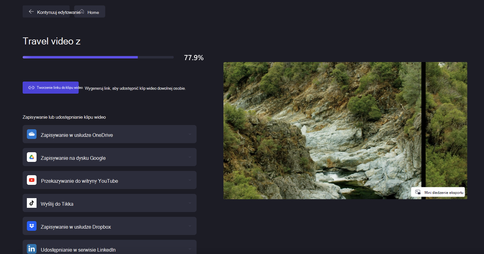 Obraz użytkownika eksportującego klip wideo w edytorze Clipchamp.