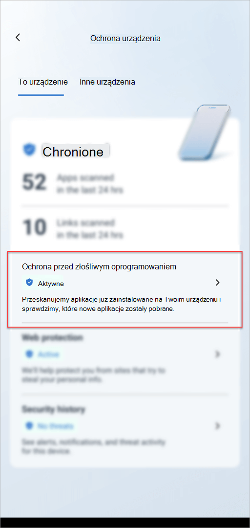 Karta Ochrona urządzenia w usłudze Microsoft Defender w systemie Android z wyróżnioną sekcją Ochrona przed złośliwym oprogramowaniem.