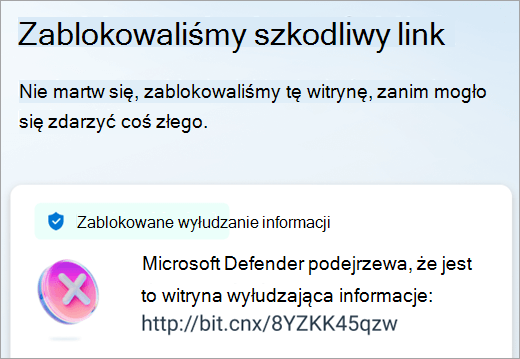 Usługa Microsoft Defender zablokowała szkodliwy link na urządzeniu z systemem Android.